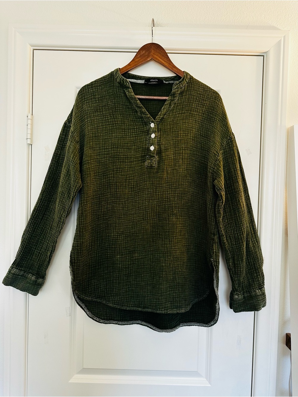 100% Cotton Olive Green Henley Long-Sleeve Shirt